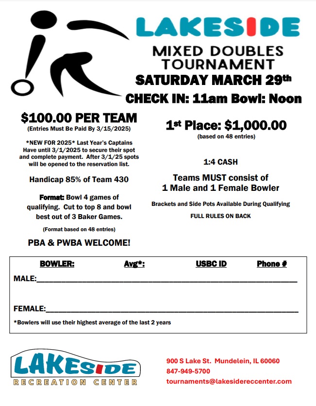 2025 Lakeside Recreation Center Mixed Doubles Tournament 900 S Lake St. Mundelein Illinois 60010