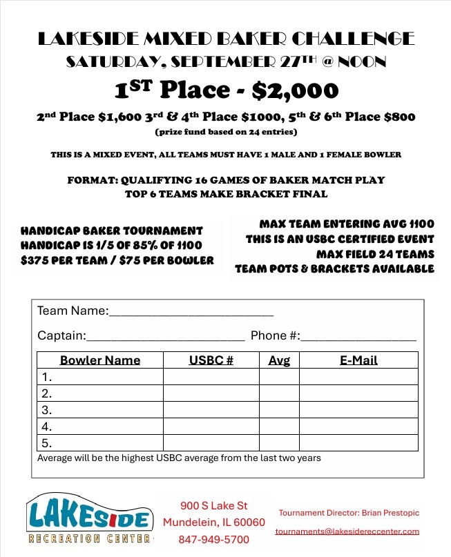 Lakeside Recreation Center Mixed Baker Challenge Handicap Bowling Tournament, Mundelein, Illinois