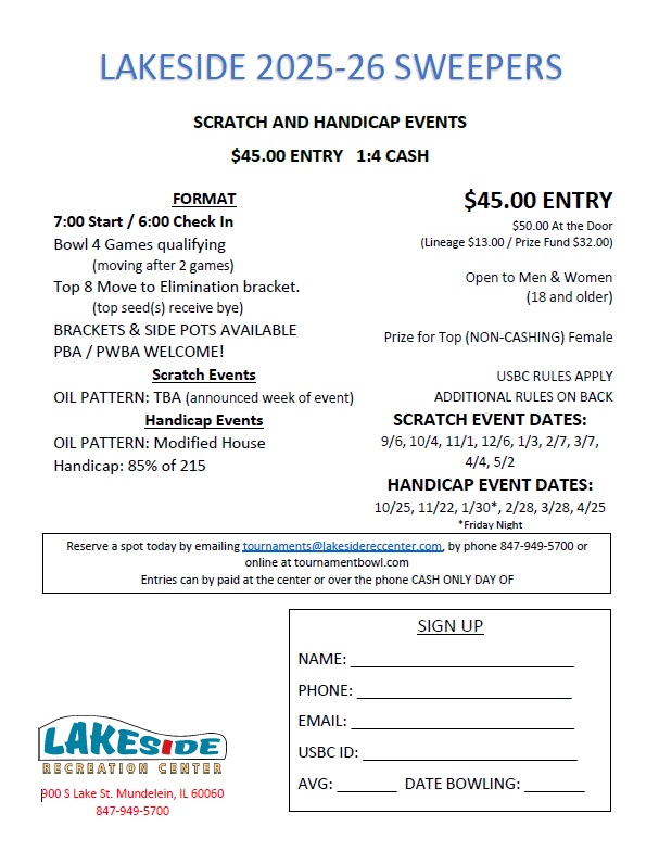 Lakeside Recreation Center 900 S Lake St Mundelein Illinois Monthly Scratch and Handicap Sweepers for 2024-2025
