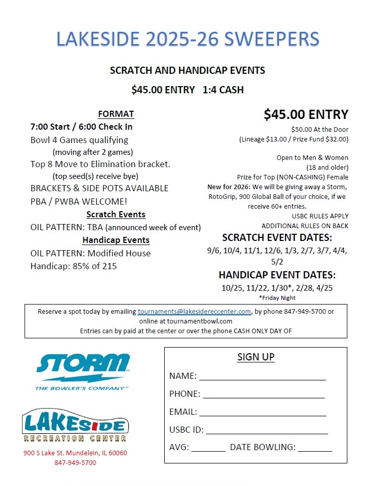 Lakeside Recreation Center 900 S Lake St Mundelein Illinois Monthly Scratch and Handicap Sweepers for 2024-2025