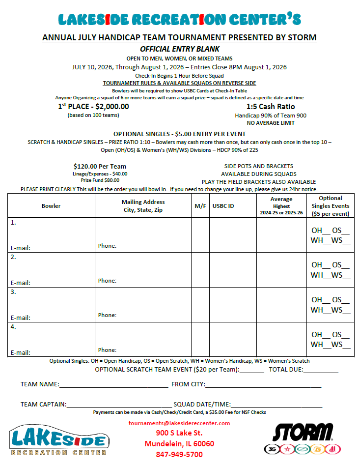 Lakeside Recreation Center 2026July Team Tournament presented by Storm 900 S Lake St. Mundelein Illinois 60060 847-949-5700