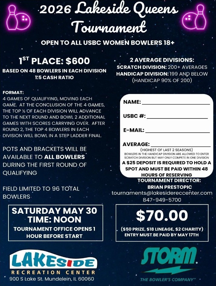 Lakeside Recreation Center Queens Tournament Saturday, May 30, 2026 - 847-949-5700