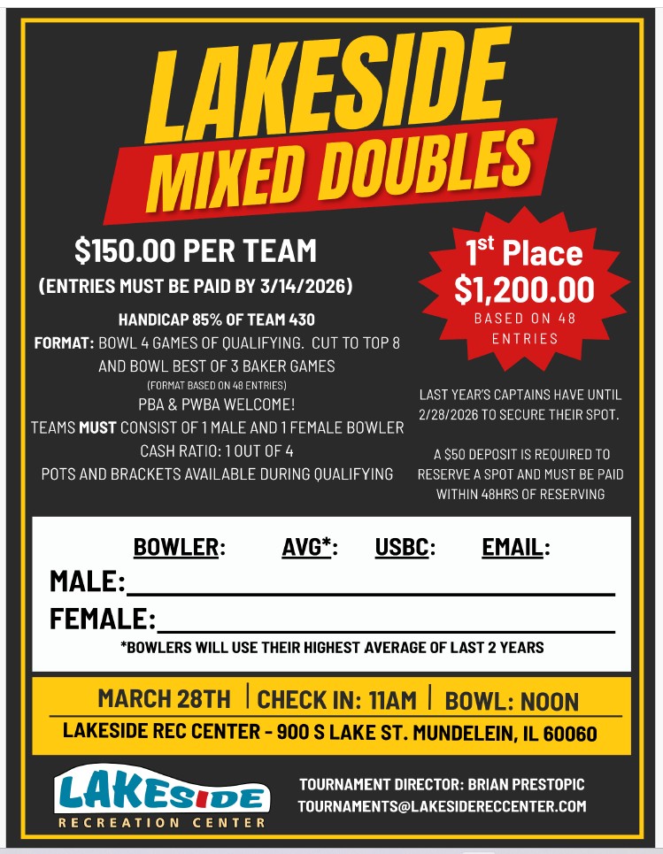 2026 Mixed Doubles Bowling Tournament at Lakeside Recreation Center 900 S Lake St. Mundelein, IL 60060 847-949-5700