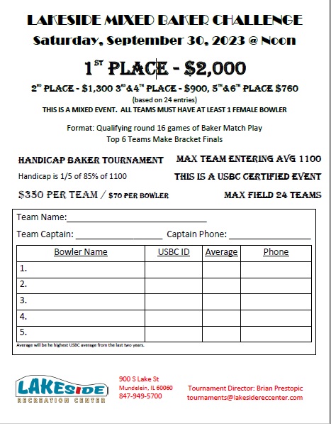 Lakeside Recreation Center Mixed Baker Challenge Handicap Bowling Tournament, Mundelein, Illinois