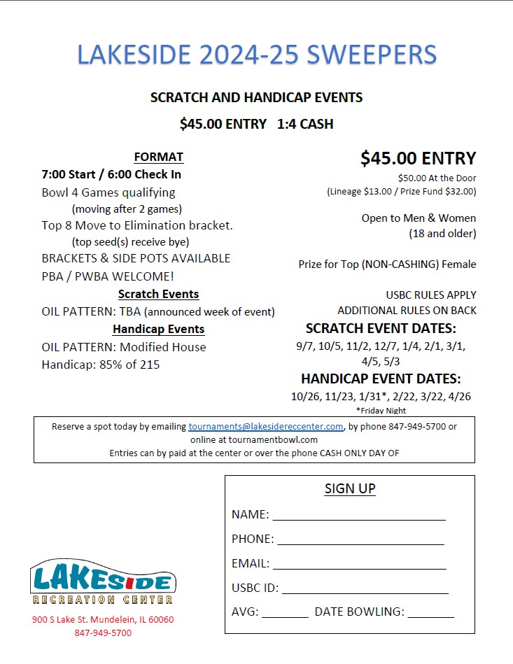 Lakeside Recreation Center 900 S Lake St Mundelein Illinois Monthly Scratch and Handicap Sweepers for 2024-2025